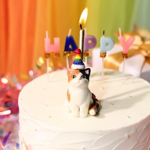 May include: A white frosted cake with a ceramic cat figurine wearing a party hat. The cat is orange, white, and black. The cake is decorated with candles spelling "HAPPY" and a lit candle. The background is colorful.