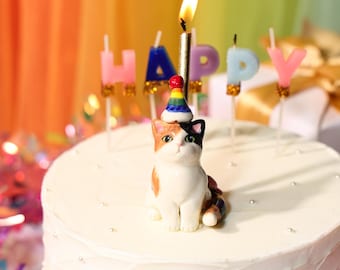 Chat calicot arc-en-ciel chapeau haut de forme pour gâteau Adorable figurine en céramique fait main décoration de fête d'anniversaire poterie mignonne cadeau miniature pour animal de compagnie