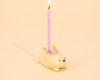 Décoration pour gâteau chiot crème coquette mignon, chapeau de fête rose bougeoir en céramique, décoration d'anniversaire poterie faite main, décoration de gâteau chien