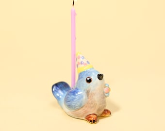 Joli oiseau bleu en céramique pour gâteau, aquarelle, plumage, bougeoir fait main, chapeau de fête d'anniversaire, fantaisiste, décoration décorative, cadeau pour les enfants