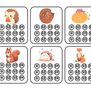 Puede incluir: Seis tarjetas de bingo imprimibles con imágenes de temática otoñal. Cada tarjeta tiene una cuadrícula de 16 círculos con los números 1, 2, 3 y 4 en cada círculo. Las imágenes incluyen un erizo, una ardilla, un zorro, una calabaza y un oso durmiendo.