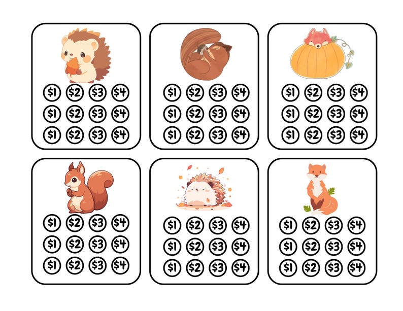 May include: Six printable bingo cards with autumn-themed images. Each card has a grid of 16 circles with numbers 1, 2, 3, and 4 in each circle. The images include a hedgehog, a squirrel, a fox, a pumpkin, and a sleeping bear.