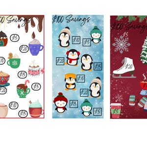 Winter Themed Savings Challenges Penguins Hot Cocoa, A6 3 x 6 Printable PDF