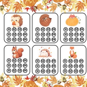 May include: Six colorful bingo cards with autumn-themed images, including a hedgehog, a squirrel, a fox, a pumpkin, and a sleeping animal. Each card has a grid of 12 squares with numbers 1 through 4 in each square.