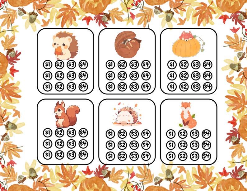 May include: Six colorful bingo cards with autumn-themed images, including a hedgehog, a squirrel, a fox, a pumpkin, and a sleeping animal. Each card has a grid of 12 squares with numbers 1 through 4 in each square.