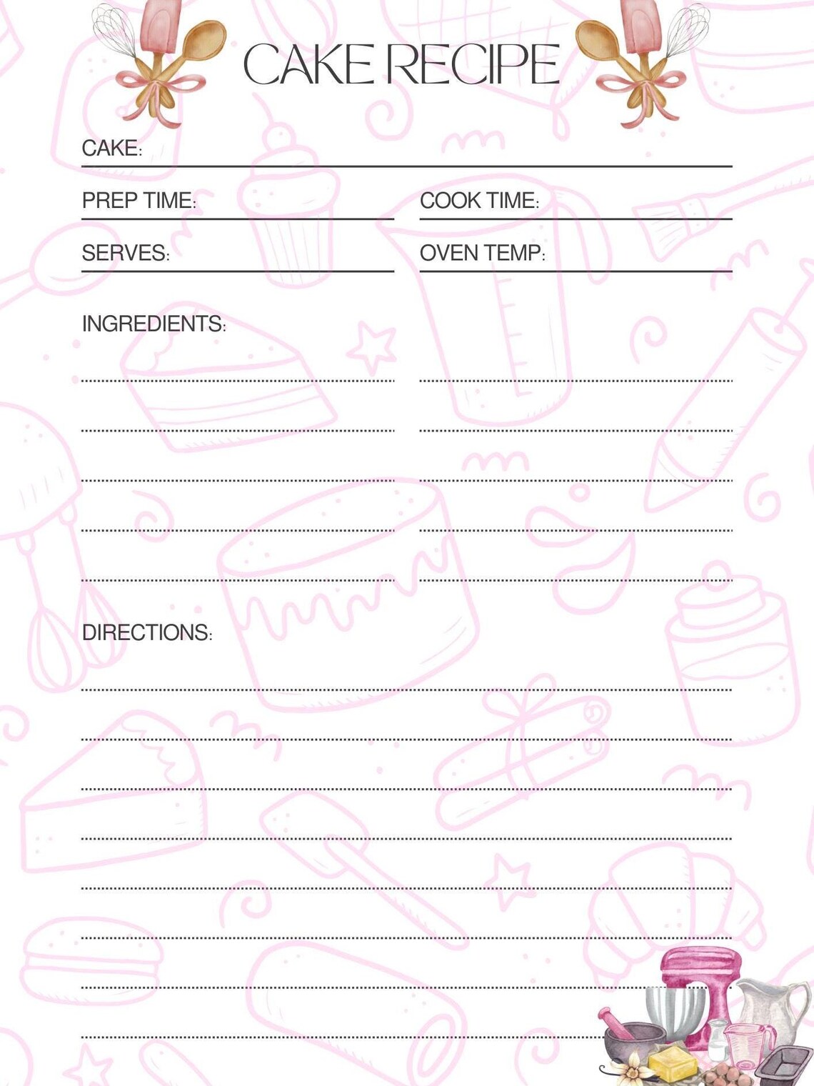 Cake Recipe Format Cake Recipe Card A4 - Etsy