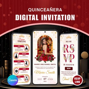 May include: Digital quinceañera invitation on three smartphones. The invitation includes event details, a photo, and an RSVP link. The design features gold accents and a red and black color scheme. The text includes the names of the couple and the date.