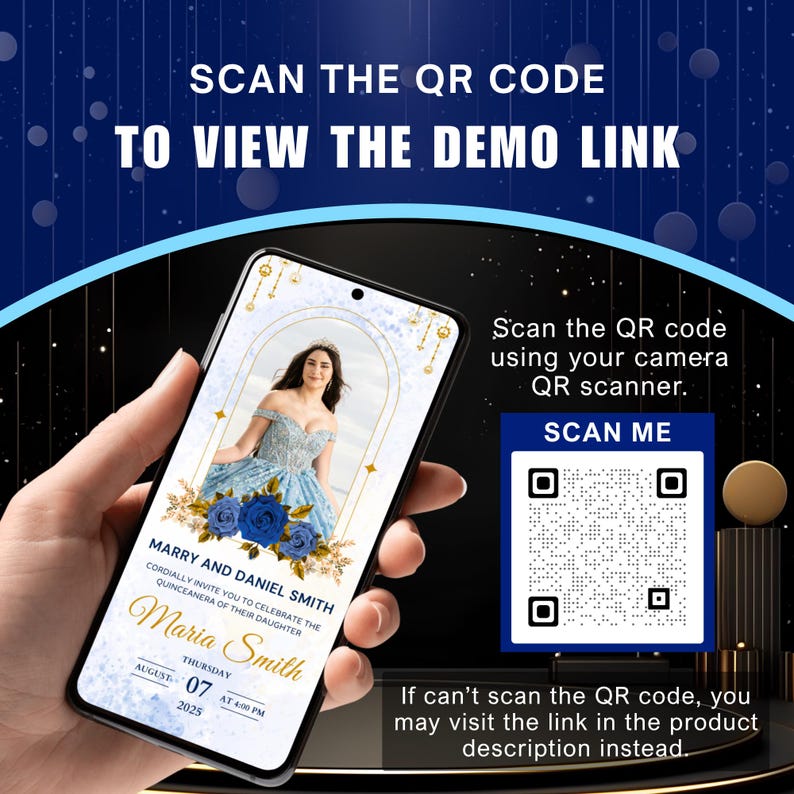 Marry Blue Code Royal Blue & Gold Quinceañera Invitation: Digital 15th Birthday ...