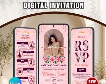 Pink Quinceanera Einladungswebsite, Elegante Sweet 16 Website mit Antwort-Tracker und Countdown, bearbeitbare Quinceanera Digital Pink XV Años