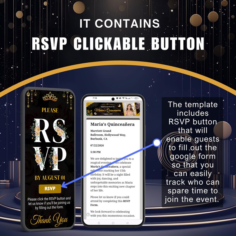 Gold & Black Quinceañera Invitation: Digital 15th Birthday Invite ...