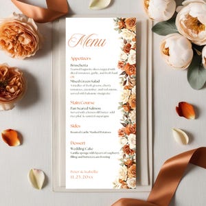 Szablon menu ślubnego Burnt Orange Ivory Edytowalny kwiatowy terakotowy boho jesienny motyw Natychmiastowe pobieranie dla Canva Dostosowywalny projekt do druku