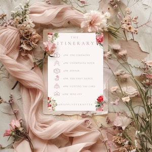 Elegante rode rozenboeket met blozende pioenrozen en roségouden routekaart voor bruiloften en speciale evenementen