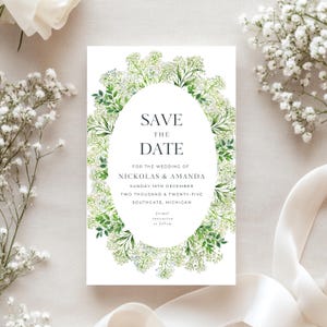 Plantilla digital romántica para guardar la fecha con diseño de aliento de bebé, delicada tarjeta floral para guardar la fecha imprimible, elegante anuncio de boda