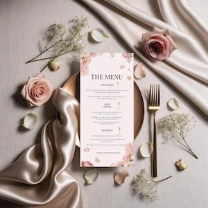 Plantilla de menú para despedida de soltera con pétalos y prosecco, diseño floral editable, tarjeta imprimible para eventos y celebraciones.