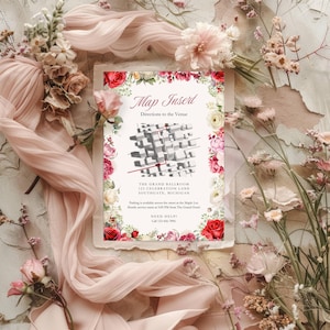 Plantilla personalizable de Canva para insertar un mapa de boda. Tarjeta imprimible con instrucciones de viaje y detalles del lugar.