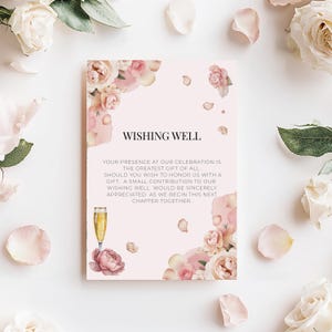 Bloemblaadjes en prosecco wensput kaartsjabloon bewerkbare bruids douche bloemdessin afdrukbare Blush roze bruiloft receptie geld cadeaukaart