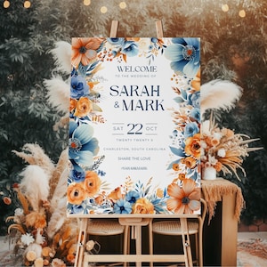 Orange brûlé et bleu mariage plaque d&#39;entrée modèle canva modifiable panneau de bienvenue floral automne décoration de réception imprimable téléchargement immédiat