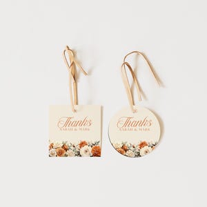 Etiqueta de recuerdo en color marfil naranja quemado, plantilla de Canva editable, etiqueta imprimible para regalos, nota de agradecimiento, diseño floral minimalista de otoño, descarga instantánea para bodas