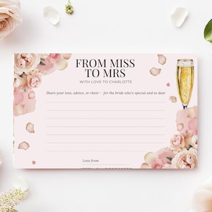 Bloemblaadjes en prosecco Nou wensen afdrukbare sjabloon bewerkbare bruids douche bloemen blush champagne gast notitie aandenken elegante partij idee