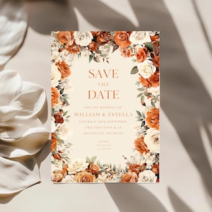 Elegante Orange Save the Date Karten mit Ivory Rose Design Download Vorlage Rustikale Chic Orange Save the Dates für Hochzeiten