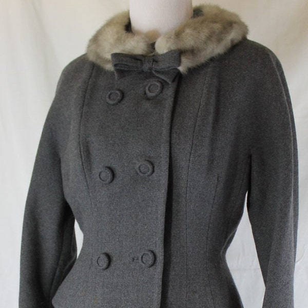 RESERVED Curvy 50s Vintage 1950s Gray Wool Blue Iris Gray Mink Fur Trimmed Hourglass Skirt Suit Small