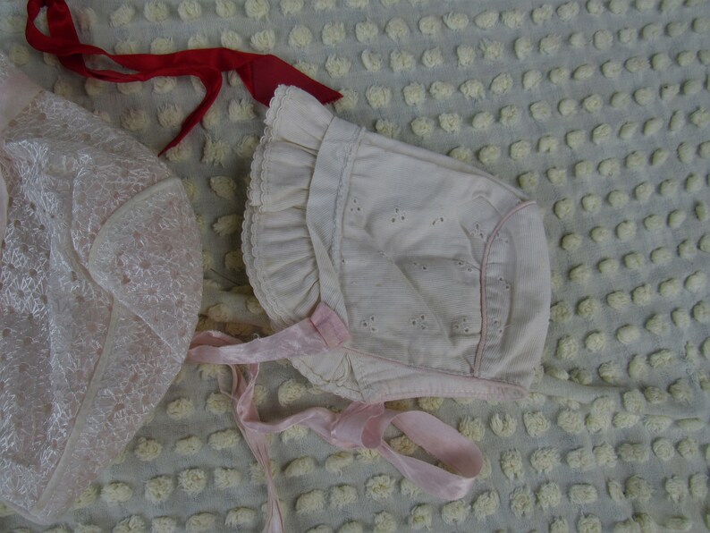 Lot of 8 Vintage Baby Bonnet Hat White Yellow Pink Red wRabbit Trim