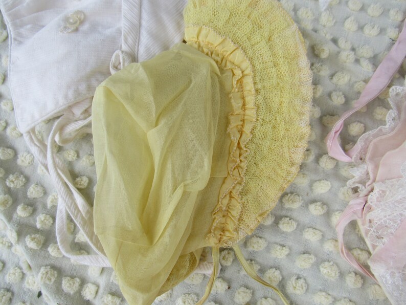 Lot of 8 Vintage Baby Bonnet Hat White Yellow Pink Red wRabbit Trim