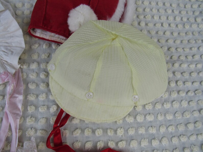 Lot of 8 Vintage Baby Bonnet Hat White Yellow Pink Red wRabbit Trim