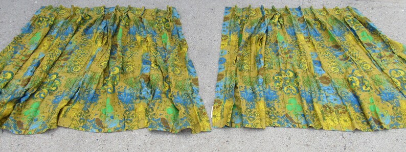 MCM Vintage 60s Classic Mid Century Modern Pinch Pleat Drapes Pleated 45x45 Each Panel Blue Green Curtains 90 x 45 Total