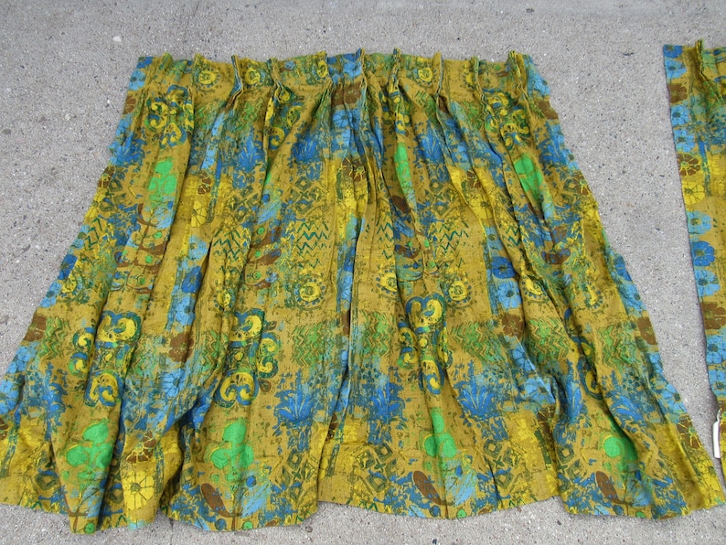 MCM Vintage 60s Classic Mid Century Modern Pinch Pleat Drapes Pleated 45x45 Each Panel Blue Green Curtains 90 x 45 Total