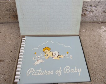 Boy Baby shower Gift 1940s Vintage 40s Pictures Of Baby Blue Cover Gray Paper Pages Photo Album NOS