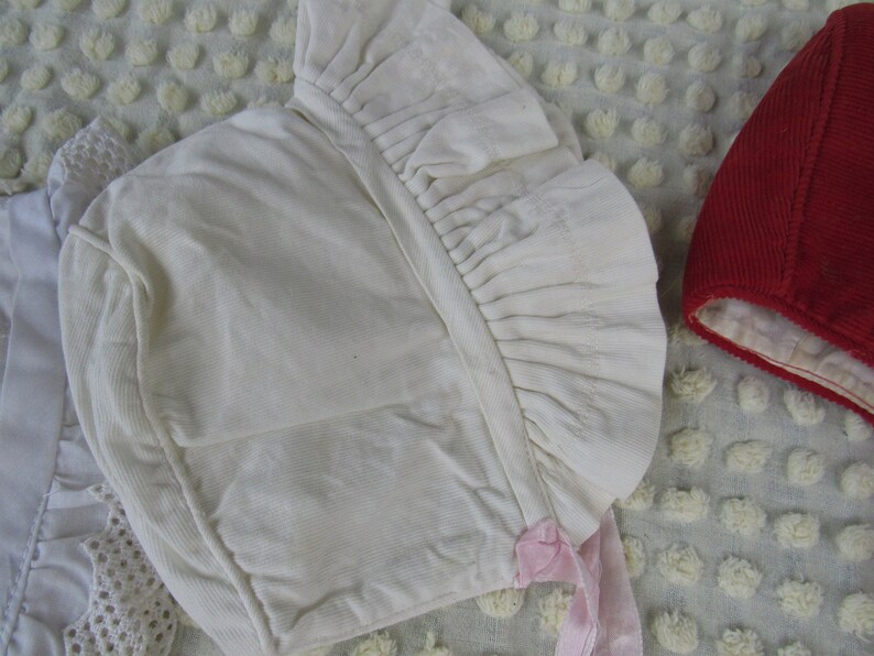 Lot of 8 Vintage Baby Bonnet Hat White Yellow Pink Red wRabbit Trim