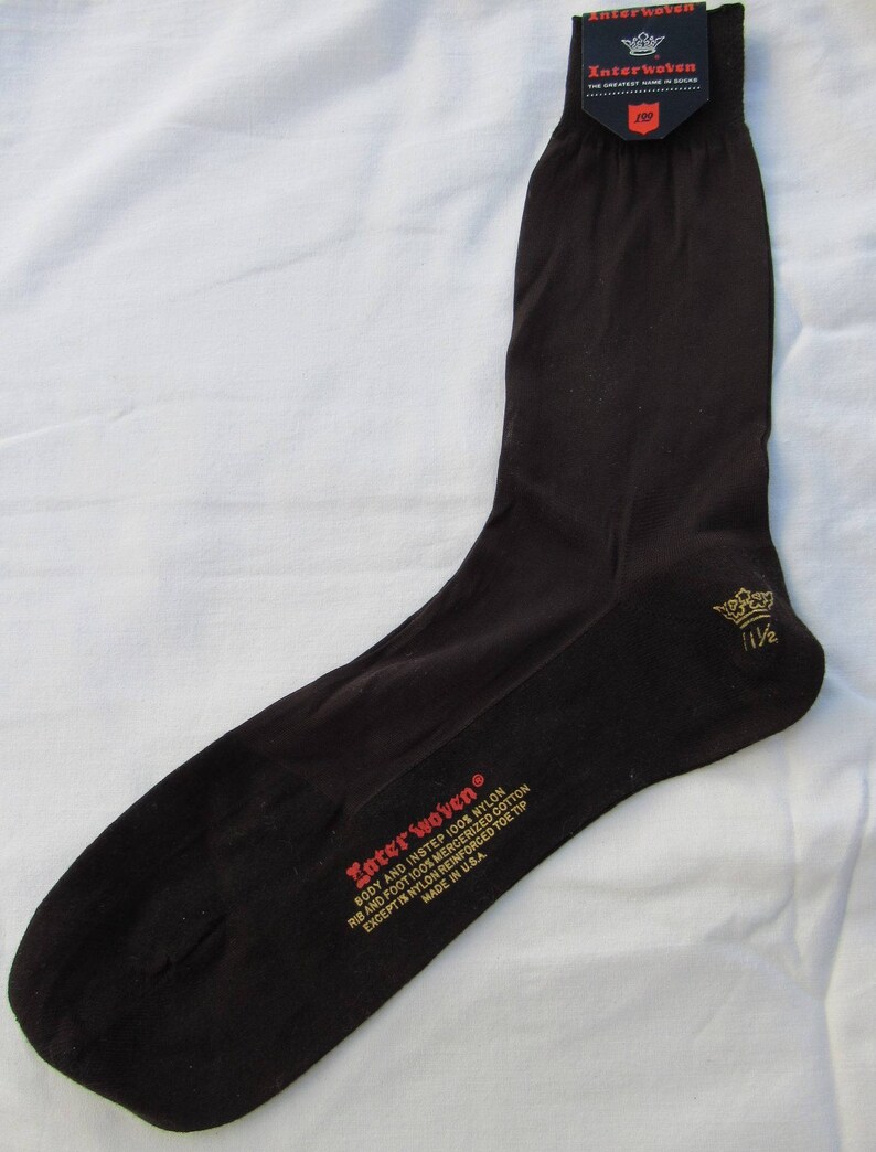 40s 50s Vintage Brown Nylon Interwoven Mens Brown Dress Socks Hosiery Reiforced Cotton Heel /& Toe 11.5