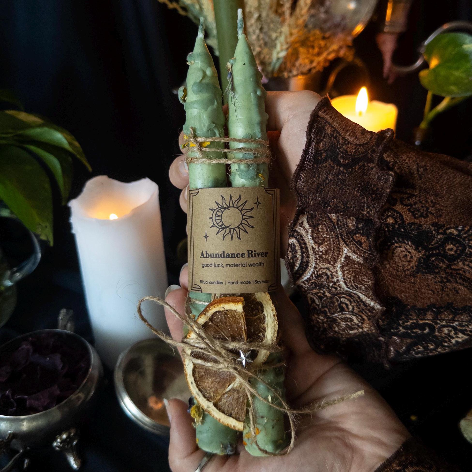 Handcrafted Abundance River Soy Wax Ritual Candles | Botanical Witchy Spell Candles for Attracting Good Luck, Prosperity, Wealth