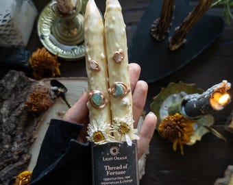 Juego de velas rituales para el crecimiento profesional, nuevas oportunidades y cambios positivos, con aventurina verde y cuarzo transparente / Velas de bruja "Hilo de la Fortuna"
