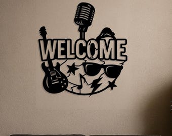 Welcome Sign Laser Cut File Rock and Roll Style Digital Download for Wall Art Guitar Microphone Retro Decor SVG DXF Cut File