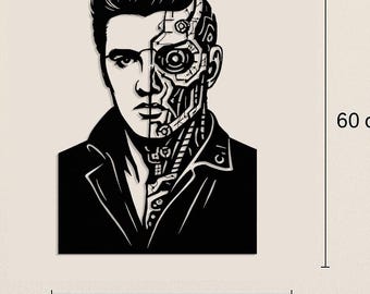 Arte de Parede Cibernética de Elvis Presley – Silhueta Recortada a Laser | 60×40cm | Decoração de Parede em MDF Preto | Busto de Rock Futurista
