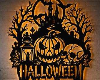 Halloween Laser Cut File, Haunted House Wall Decor, Pumpkin Skull Sign, Halloween svg, dxf, pdf, Spooky Metal Wall, woord Art