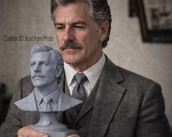 May include: A gray 3D bust of a man with a mustache, held by a man in a gray suit. The bust is on a pedestal base and has the text "Custom 3D Bust from Photo" in the upper left corner. The bust is a replica of the man holding it.