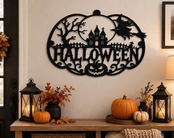 Halloween Laser Cut File, Haunted House Witch Pumpkin SVG DXF, Spooky Halloween Wall Decor, Scalable Digital Download