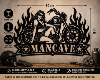 Biker girl mancave laser cut file biker wall art svg dxf plasma cut motorcycle metal decor 90x60cm scalable