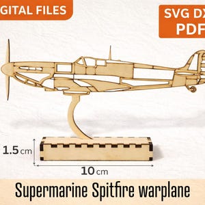 Supermarine Spitfire Silhouette Laser Cut File | SVG DXF PDF | Wooden Airplane with Stand | Digital Download | Warbird Decor