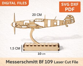 Messerschmitt Bf 109 / Me 109 Silhouette Laser Cut File ,SVG DXF PDF ,Wooden Airplane with Stand ,Digital Download ,Warbird Decor