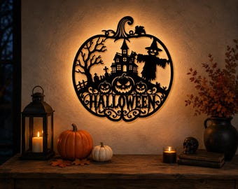 Halloween Laser Cut File, Haunted House Wall Decor, Pumpkin Skull Sign, Halloween svg, dxf, pdf, Spooky Metal Wall, woord Art