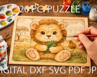 Lion Puzzle SVG for Laser | 20 Piece Puzzle File 28x20 cm | dxf,svg,pdf,jpg | Kids Wooden Puzzle CNC Glowforge