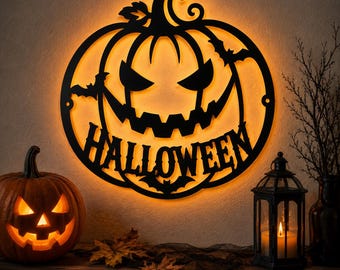 halloween pumpkin svg, halloween wall decor, laser cut file, glowforge svg, spooky pumpkin sign, dxf pdf jpg, metal wall art