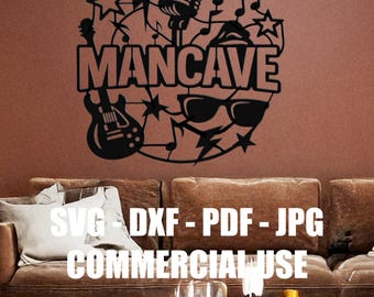 Mancave Music Wall Art SVG DXF | Laser Cut File 90x60 cm | Guitar Decor Industrial Style