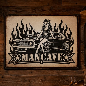 Archivo Laser Cut Man Cave, Decoración de Madera y Metal SVG DXF JPG, Muscle Car Pin Up, Garaje Saloon, 90x60 cm escalable