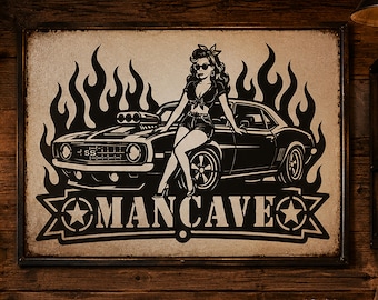Man Cave Laser Cut File, Wood and Metal Wall Art SVG DXF JPG, Muscle Car Pin Up Garage Decor, Saloon Sign, 90x60 cm Scalable