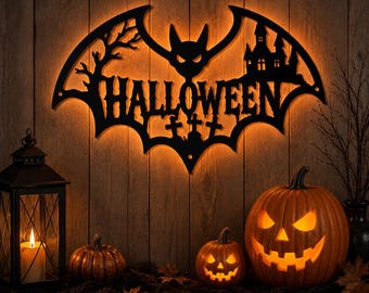 Halloween silhouette for laser cutting, bat design with spooky scene, dxf svg pdf jpg files, Halloween decoration, digital craft